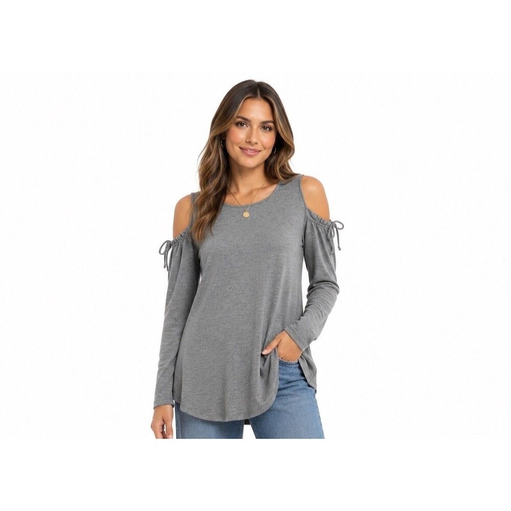 Cupio Sweatshirt Women's XL Ruffle Tie Up Cold Shoulder Long Sleeve Gray Tunic